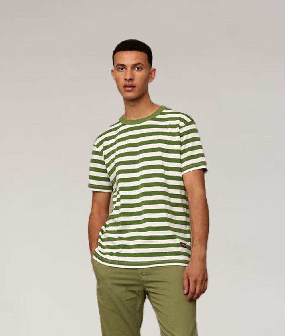 Model wearing Green striped Kings Of Indigo T-shirt